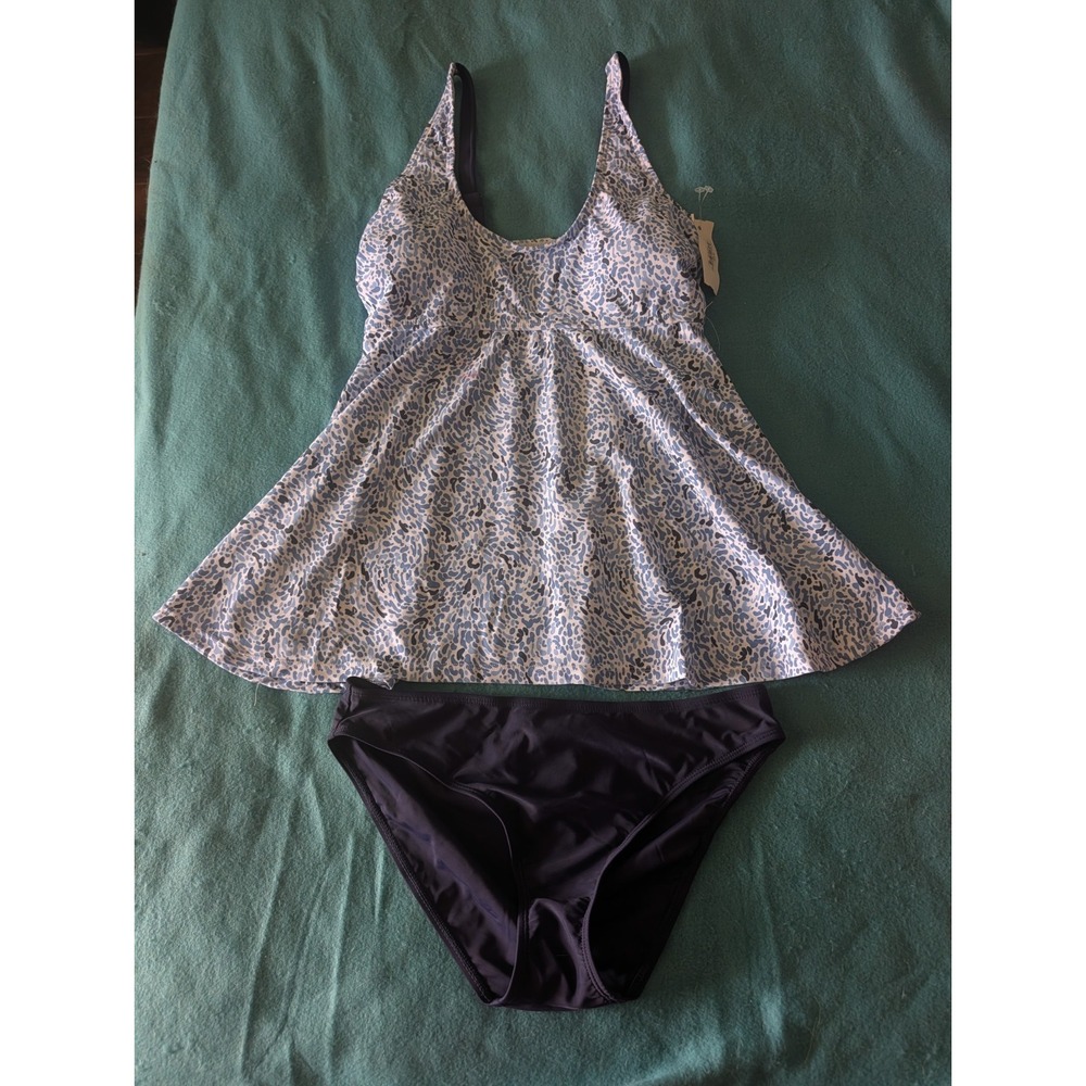 NEW Womens Noon Swim Tankini 2 Pc Set Size 8 Blue White Leopard Animal Print